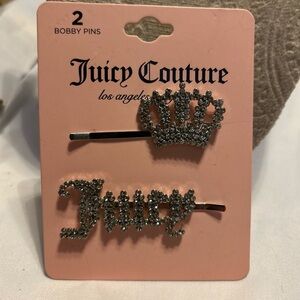 New!! Juicy Couture Crystal Crown/Logo Hair Pin Acessories Set of 2 Silver🪩